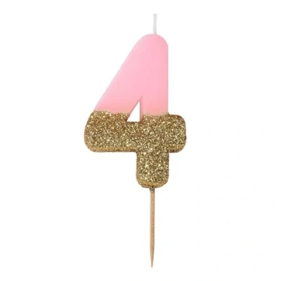 Image of Talking Tables Bday Pink Number 4 Four Candle with Gold Glitter Premium Quality Cake Topper Decoration Pretty, Sparkly for Kids, Adults, 40th Birthday Party, Anniversary, Wax,Height 8cm, 3&quot;