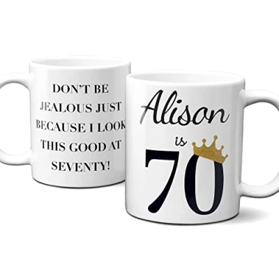 Image of Thoughtful Gifts Personalised 70th Mug, Birthday Mug for 70 Year Old Woman, Cup Birthday, Gift Old. Just add Name.