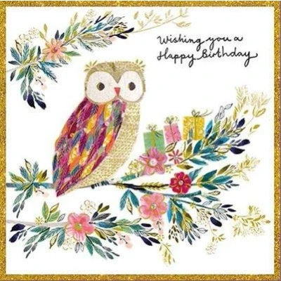 Image of Open Female Birthday Card from the Artisan Range Owl in Blossom Tree Foil &amp; Embossed Finish for Her