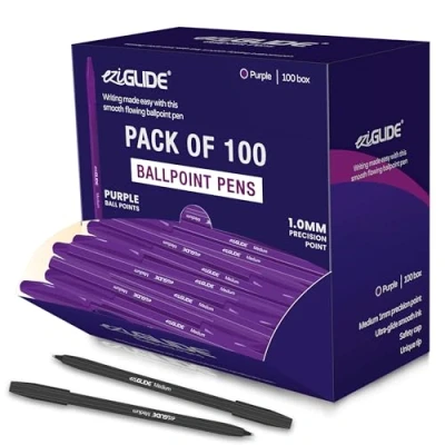Image of Eziglide Ballpoint Purple Pen, Pack of 100 Pens, Smooth Writing Action Medium Point 1.0mm Coloured Pens Multipack Ball Ideal for School, Home or Work Stationery Supplies