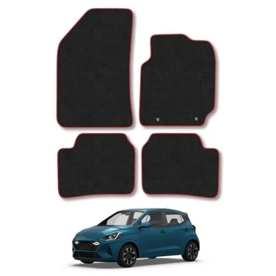 Image of Car Mats Compatible with Hyundai I10 (2020 ) Tailored Fit Red Carpet Floor Set Accessory Custom 4 Pieces Anti Slip Backing &amp; Binding Trim Edge