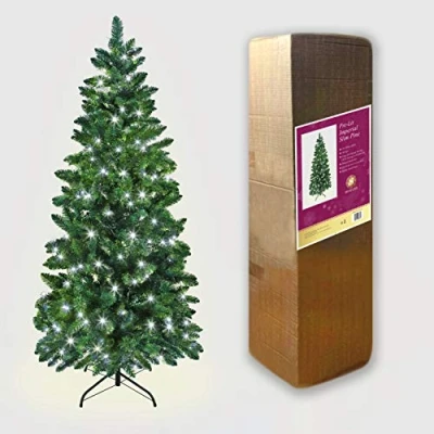Image of SHATCHI 7Ft/2.1m Pre Lit Green Christmas Slim Pine Narrow Xmas Tree, Pointed Tips, Metal Stand, Cool White LED Lights, Holiday Home Decorations, 210 cm
