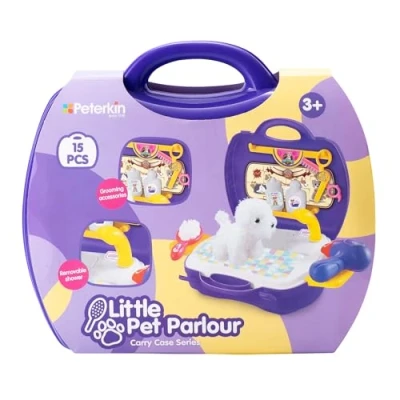 Image of PETERKIN Little pet Parlour carry case Toy 15 piece, brightly coloured, plastic grooming salon set in a sturdy 24 cm Roleplay Toys Ages 3+