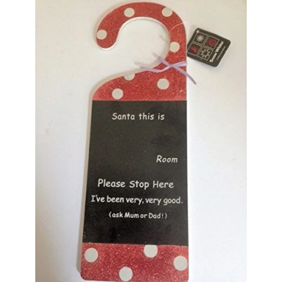 Image of Wooden Red Glittery Santa Door Hanger Please stop here Ive been very good Blackboard to write name on