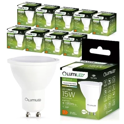 Image of LUMILED GU10 LED, 1.5 W, 150 Lumens, 4000 K Neutral White Bulb Spotlight, Replaces 15 W Halogen Bulbs, 120 Beam Angle Reflector Lamps, Pack of 10