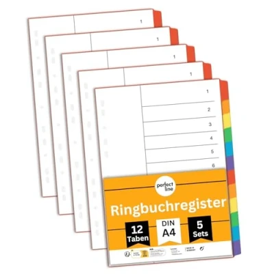Image of perfect line File dividers A4, Folder for Lever Arch Files, 12 Piece, Set of 5, Cardboard, Made in Germany