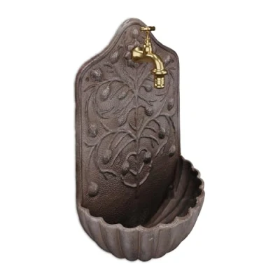 Image of Relaxdays Wall Mounted Fountain, with Tap, Garden Washbasin, Cast Iron, HxWxD: 40 x 24 15 cm, Antique Design, Brown