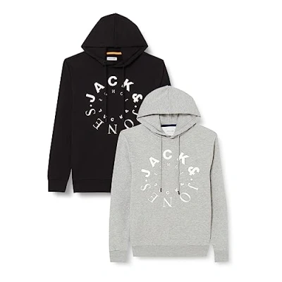 Image of JACK &amp; JONES Men&#039;s Jjwarrior Sweat Hood 2pk MP Hoody, Black/Pack: Black + lgm (Big), XL