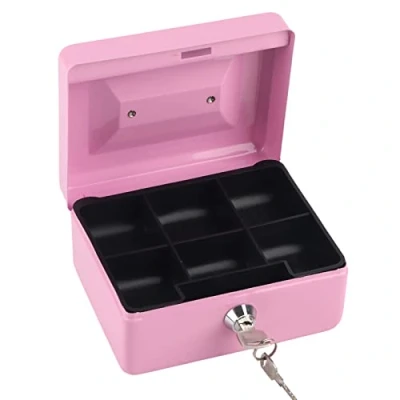 Image of Small Cash Box with Key Lock, Portable Double Layer Steel Lockable Coin Money Storage Security Box(Pink)