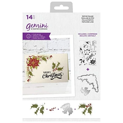 Image of Crafter&#039;s Companion Gemini Clear Acrylic Stamp &amp; Metal Cutting Die Set Festive Foliage, Silver, One Size