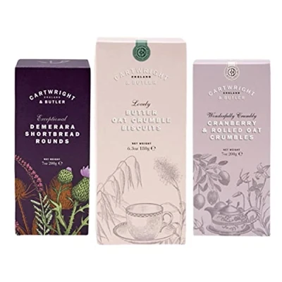 Image of Cartwright &amp; Butler Biscuit Carton Trio A Premium Selection of our Biscuits presented in Classic Cartons Includes Butter Oat, Cranberry Crumbles Demerara Shortbread Rounds