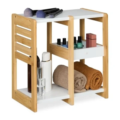 Image of Relaxdays Bamboo Shelf, 3 Tiers, HxWxD: 35x34x20 cm, Freestanding Shelving Unit, Bathroom &amp; Kitchen, MDF, Natural/White, Fibreboard