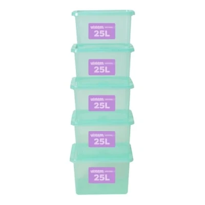 Image of Wham Plastic Storage Boxes With Lids 25L Home Office Stackable Nestable Container Box, Easy fit Underbed Protective 42.5 x 33 25.5 cm Tint Spearmint (Set of 5)