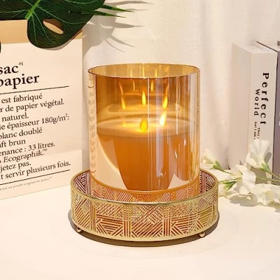 Image of JHY DESIGN Large Moving 3 Wick Battery Candle with 6 Hour Timer Function, 20cm Dia Flameless Operated, Simulation 3D Effect Glass for Party Bedside Wedding(Gold)