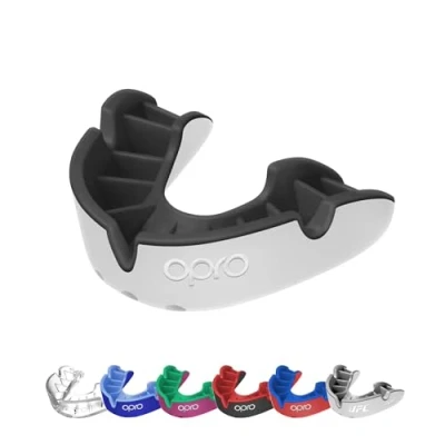 Image of OPRO Silver Level Adult and Kids Sports Mouthguard with Case, Gum Shield Featuring Revolutionary Fitting Technology for Hockey, Lacrosse, Rugby, MMA, Boxing Combat (White/Black, Youth)