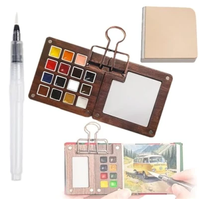 Image of Travel Watercolour Paint Palette Set, Mini Pocket Artist Watercolor Sets with Binder Clips, Water Colour Kit for Painters Artists Students (15 Grid)