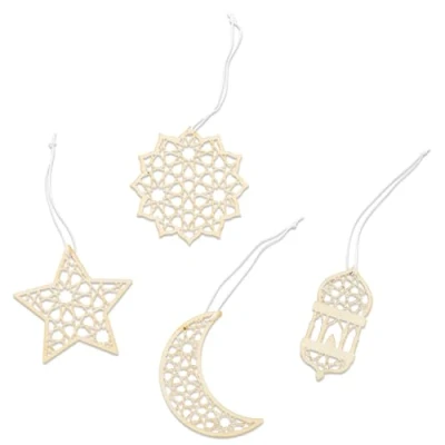 Image of 12 Wooden Ramadan Pendants, Decoration Eid Mubarak, Decorative Sugar Festival for Hanging, Natural Brown, 7 x cm, 4 Different Designs, 3 of Each