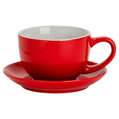 Image of Argon Tableware Coloured Cappuccino Cup &amp; Saucer Set Modern Stoneware Tea Coffee 250ml Red