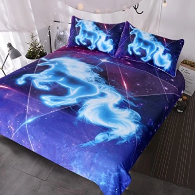 Image of BlessLiving Galaxy Blue Unicorn Bedding Boys Girls Sparkling Star Duvet Cover 3 Piece of The Universe Kids Teens Bed Spread(Double)