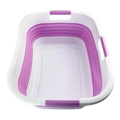 Image of SAMMART 30L Collapsible Plastic Laundry Basket Foldable Pop Up Storage Container/Organizer Portable Washing Tub Space Saving (1, White/Pale Purple)