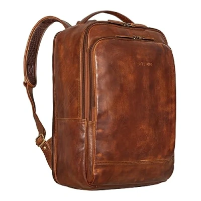 Image of STILORD &#039;Beck&#039; Leather Laptop Backpack Mens 16 Inches Daypack Vintage Rucksack School Boys, Colour:Brandy Cognac