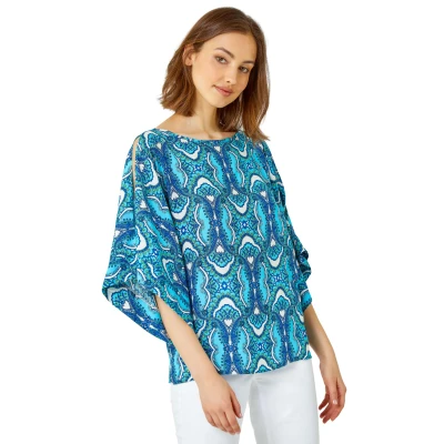 Image of Roman Floral Print Cold Shoulder Top for Women UK Ladies Spring Everyday Summer Holiday Round Neckline Comfy 3/4 Sleeve Soft Shirt Relaxed Day Date Blouses Blue Size 10
