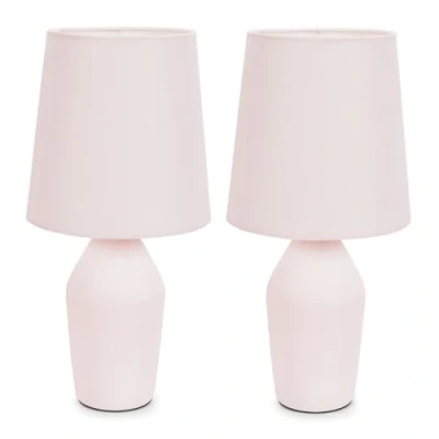 Image of Set of 2 Rose Pink Ceramic Base Table Lamp with Tapered Fabric Lampshade Bedroom Bedside Light