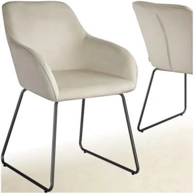 Image of TecTake® Dining Chair with Soft Velvet Look Cover &amp; Curved Steel Frame, Armchair Plush Padding Ergonomic Backrest, Ideal as Room, Kitchen, Living Room Desk Cream/Black