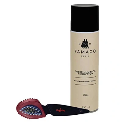 Image of Famaco Suede/Nubuck Shoe and Bag Renovator Spray with Suede Cleaning Buzz Brush (Black)