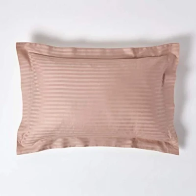 Image of HOMESCAPES Taupe Brown Pure Egyptian Cotton Oxford Pillowcase Standard Size 330 TC 500 Thread Count Percale Equivalent Satin Stripe Pillow Case