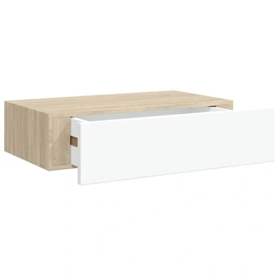 Image of vidaXL Wall Mounted Drawer Shelf, Oak and White, 40x23.5x10cm, MDF Metal, Modern Decor for Living Room, Ample Storage Space, Assembly Required, Stylish Compact Design