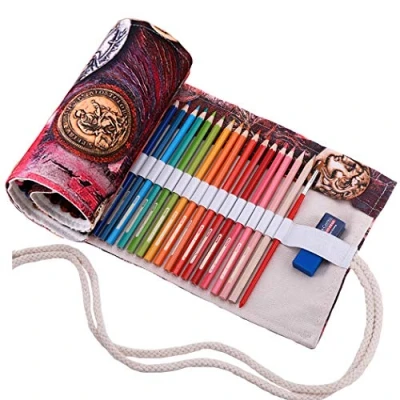 Image of Amoyie Pencil Organiser Bag Hand Roll Up Pen for 72 Coloring Canvas Wrap Artist Carrier Bag, Currency72 Holes