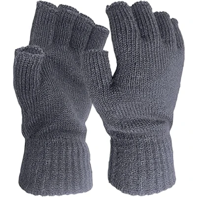 Image of Mens Womens Unisex Fingerless Or Full Finger THERMAL LINED Gloves Winter Thick Wool Knit Extra Warm (Mens, Fingerless, Grey)