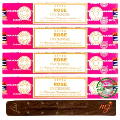 Image of Original Satya Nag Champa Rose incense sticks with M&amp;J holder x4 pack for Aromatherapy, Spa, Yoga, Weddings, Meditation, Healing, Positivity and Relaxation