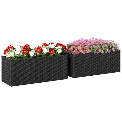 Image of Outsunny Set of 2 Hanging Flower Boxes, 50 cm Long, Rattan Look Pot with Drainage Holes and Hooks, Railing Box for Fence Balcony Garden, Black