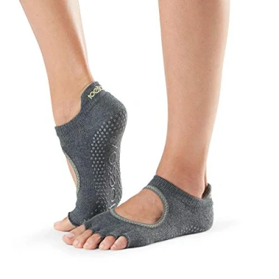 Image of ToeSox TOESL Unisex Adult Half Toe Bellarina Yoga &amp; Pilates Grip Sock Charcoal Grey w/Lime, S