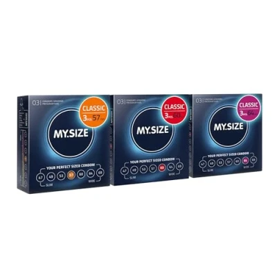 Image of MY.SIZE Classic Premium Condoms Trial Pack of 3 I 57, 60, 64mm Width 3x3 Pieces Extra Thin Ultra Soft 0.07mm Wall Thickness Vegan