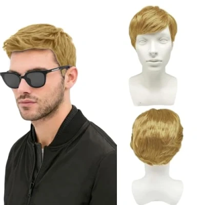 Image of SDXCJY Mens Short Wig Gold Black Costume Wigs for Men 70s 80s Disco Curly Fluffy Cosplay Wigs,Mens Daily Use Straight Halloween Handsome (blonde)
