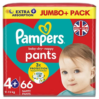 Image of Pampers Baby Dry Nappy Pants Size 4+, 66 Nappies, 9kg 15kg, Jumbo+ Pack