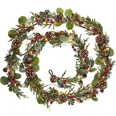 Image of WeRChristmas Pre Lit Eucalyptus Garland, 55 Warm White LED Lights, Green, 9 ft / 2.7 m