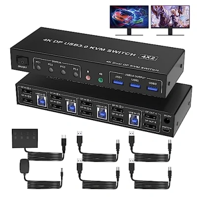 Image of USB 3.0 KVM switch 2 monitors 4 Computers Displayport 4K 60Hz, Dual Monitor port with Audio Microphone Output and 3 Ports, DP for PCs