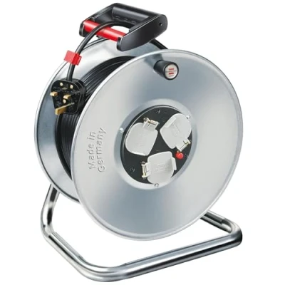 Image of Brennenstuhl Garant 3 way socket cable reel (50m extension in black, rust proof, ergonomic handle, Made Germany)