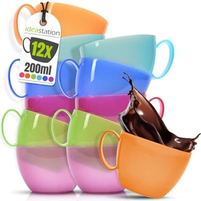 Image of idea station Plastic Mugs 12 x 200 ml Colourful Reusable Camping Mug, Travel Cup Perfect for Hot and Cold Drinks, Coffee Tea Suitable Children Elderly Dishwasher Safe