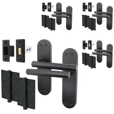 Image of EAI Black Door Handle Latch Set 4 Pairs of Matt Internal Lever T Bar Handles on Backplate with Hinges (76mm) &amp; Latches (64mm) Oliena Range