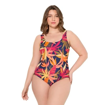 Image of Ulla Popken Women&#039;s Badeanzug, Wald, Ohne Softcups, Rundhals, Vorderfutter One Piece Swimsuit, Navy, 24