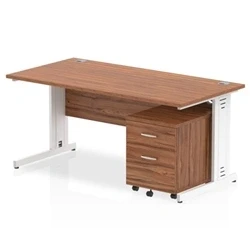Image of Impulse 1600x800mm Desk Walnut Top White Cable Managed Leg+ Mobile Ped