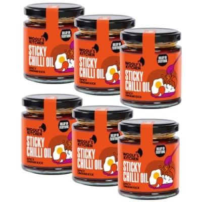 Image of The Woolf’s Kitchen Sticky Chilli Oil Crispy Extravaganza Spice Up with Texture Essential for Rice, Noodles &amp; Burgers Elevate Asian Dishes Umami Hot Sauce 6 x 190ml