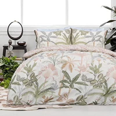Image of Sleepdown Tropical Leaves Floral Natural Reversible Duvet Cover Quilt Tassel Pillow Case Bedding Set Soft Easy Care Single (135cm x 200cm)