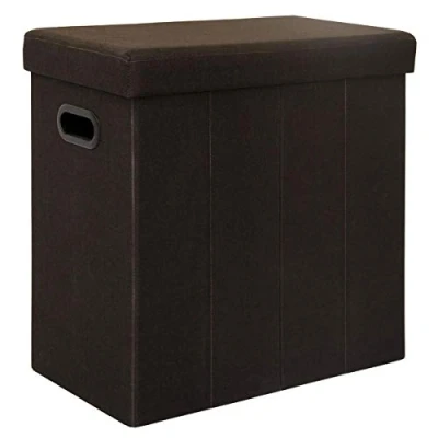 Image of DuneDesign Folding Hamper Linen Basket 70Liter Laundry Bin Ottoman Rectangular Pouf Upholstered Lid Storage Compartment Brown