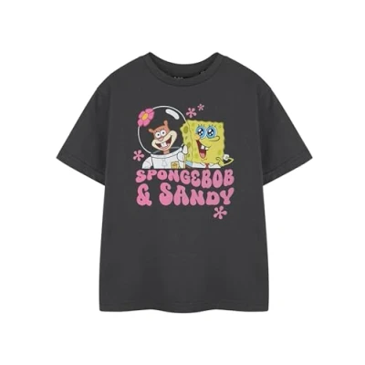 Image of Spongebob SQUAREPANTS Girls Grey Short Sleeved T Shirt SB &amp; Sandy Graphic Tee for Kids Cartoon Character Apparel Nickelodeon Movie Merchandise Children&#039;s Retro Fashion Top
